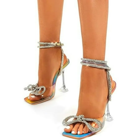 

Women s Square Toe Clear Heels Sexy Rhinestone Bow Heels Open Toe Ankle Strap Stiletto High Heel Sandals