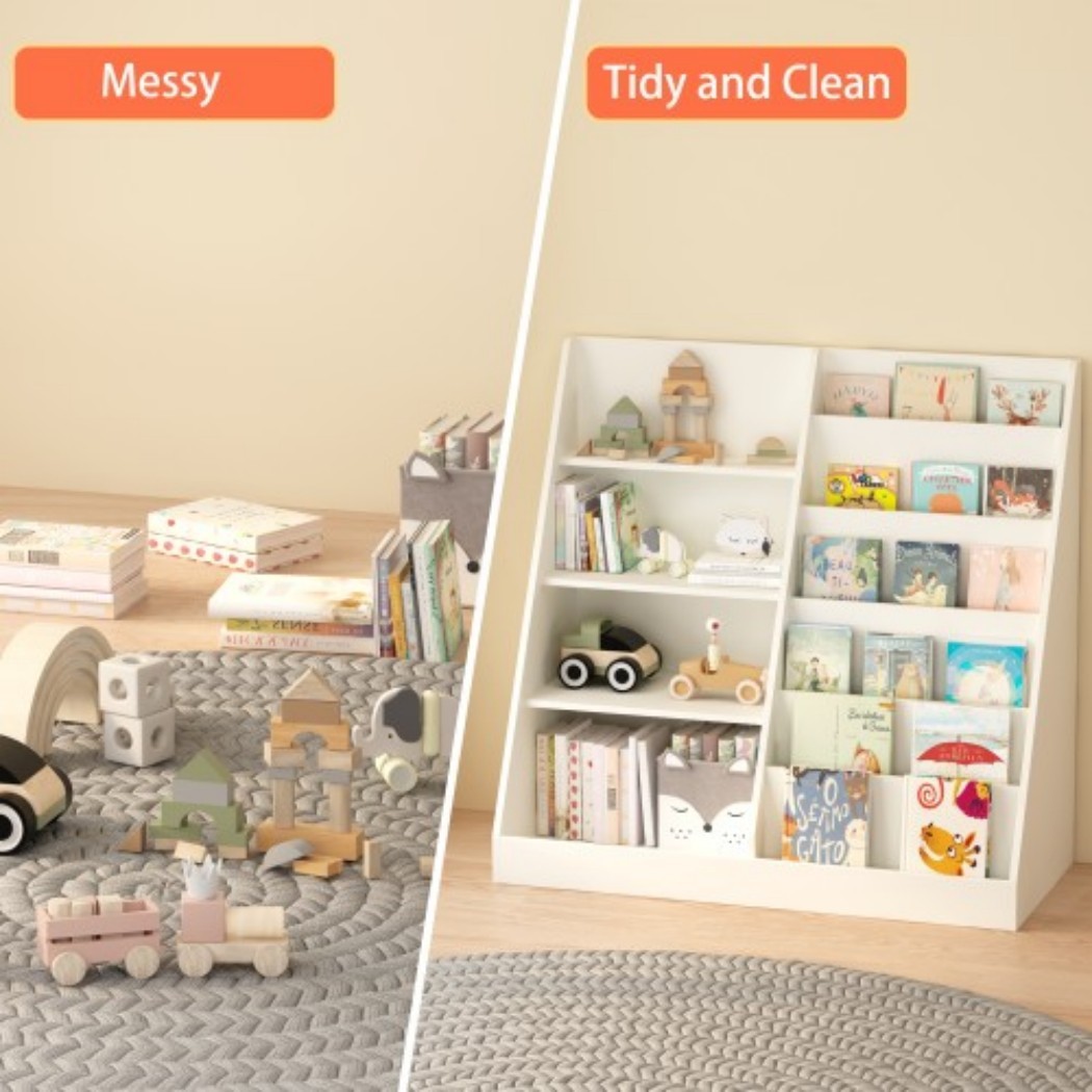 Kids Bookshelf and Toy Storage Organizer, Wooden Kids Bookcase with Multi-Level Shelves & Toy Storage, Children's Book Display Stand for Playroom, Nursery & Kids Room, White