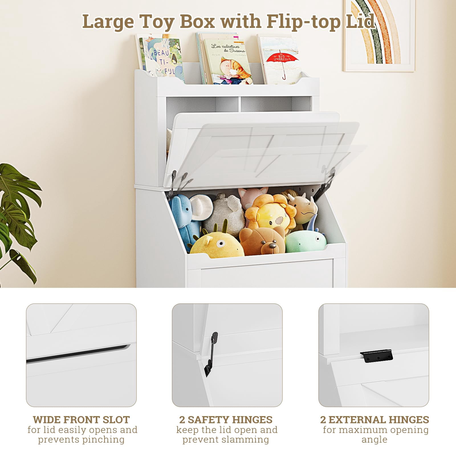 AOILE Kids Toy Organizer and Bookshelf with Flip-Top Chest, Wooden Storage Cabinet with 2-Cubby & Bookshelf