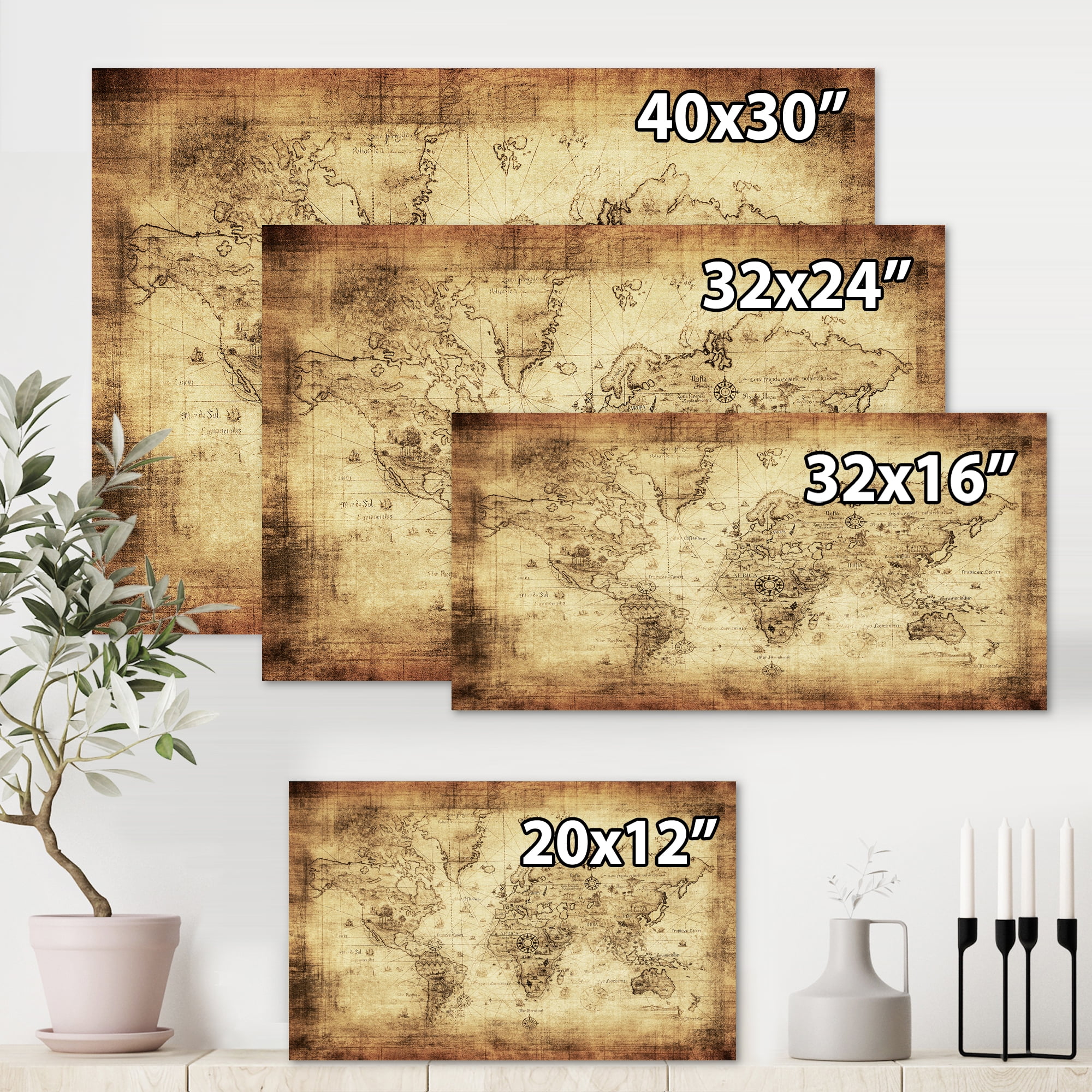 Designart ' Ancient World Map IV ' Vintage Canvas Wall Art Print