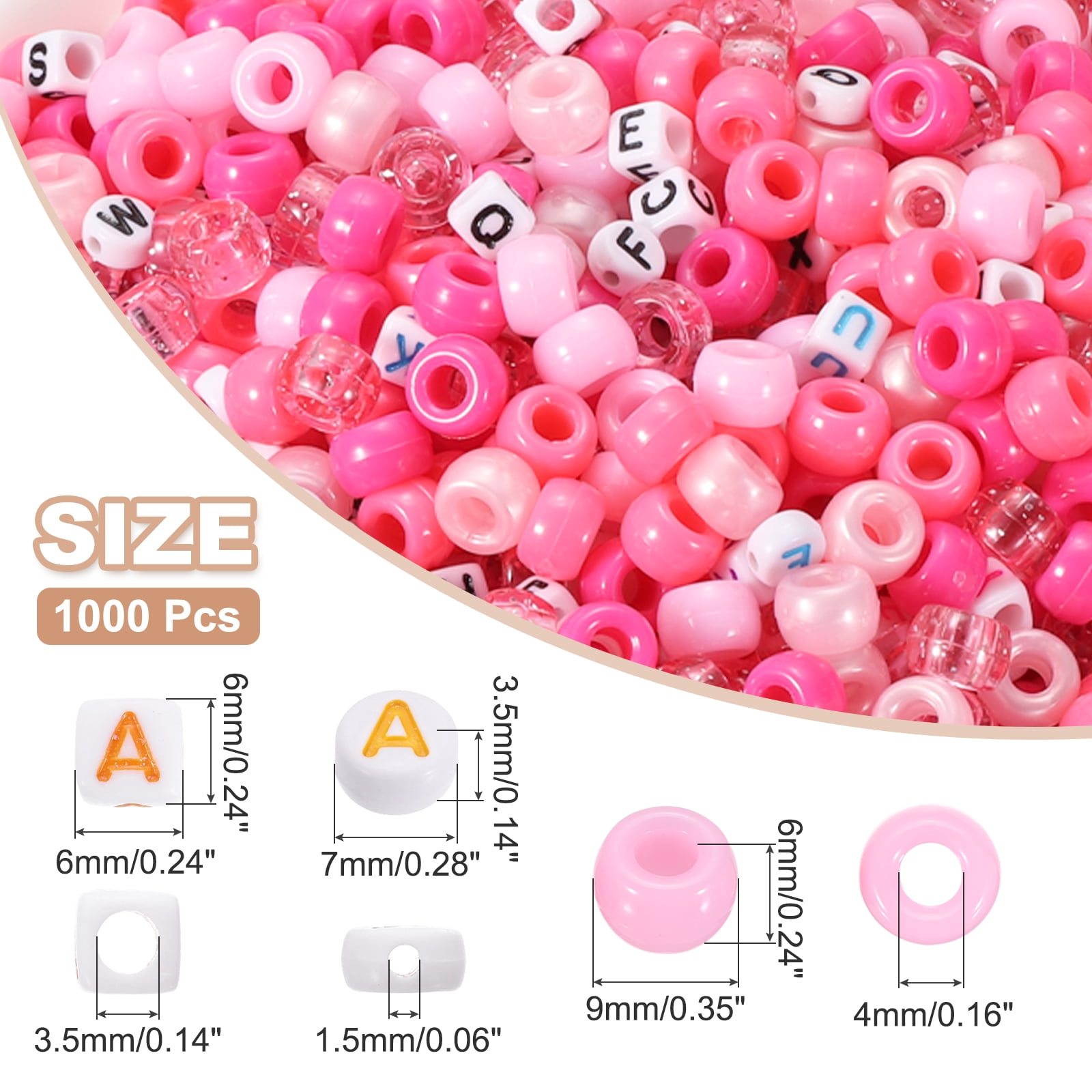 Uxcell 1000 Pcs Pony Beads 6 x 9 mm Acrylic Friendship Bracelet Making Kit with Letter Bead, Pink