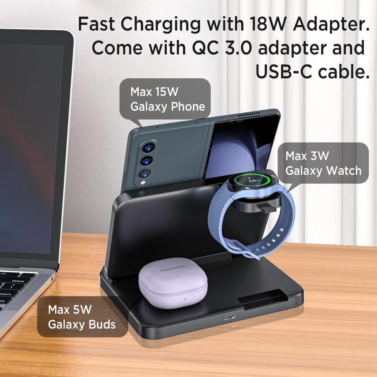 Wireless Charging Station for Samsung Galaxy z Fold 6/5/4/3/2, Foldable 3 in 1 Samsung Wireless Charger for Galaxy Z Fold/Galaxy Z Flip/Galaxy Watch/Galaxy Buds/Samsung Phone Fast Charging