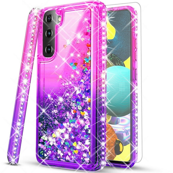 Samsung  Case, with [Tempered Glass Protector Included] Liquid Floating Glitter Quicksand Bling with Spot Diamond Cover - Pink/Purple