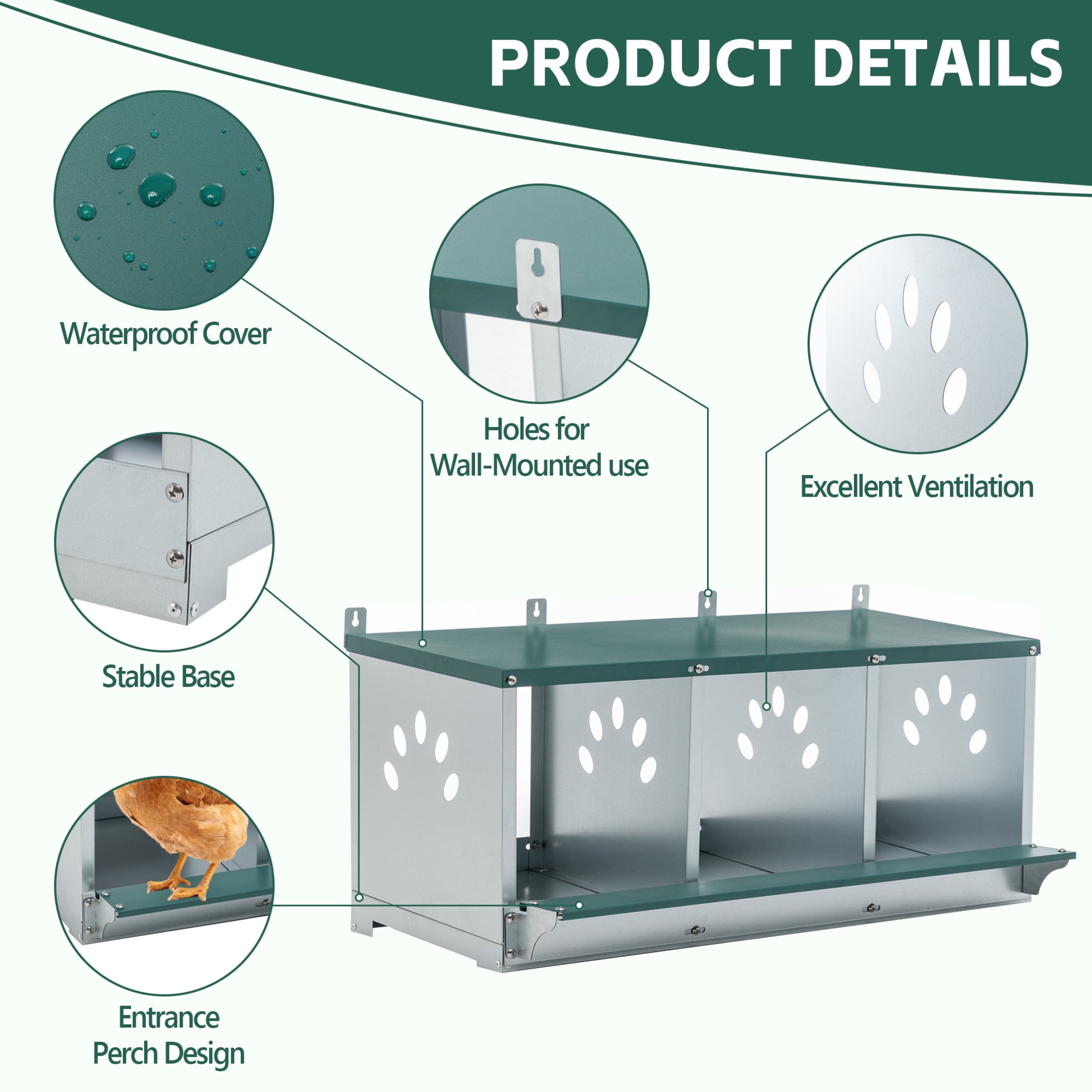 Noble House 3-Hole Steel Chicken Nesting Box with Sloped Roof and Egg Collection Incline, for Hens, Ducks, Green