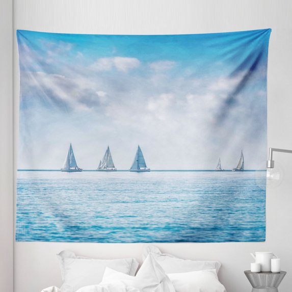 Ocean Tapestry, Sail Boats Sea Regatta Race Sports Panoramic View Seascape Summer Sky Photo, Fabric Wall Hanging Decor for Bedroom Living Room Dorm, 5 Sizes, Pale Blue and White, by Ambesonne