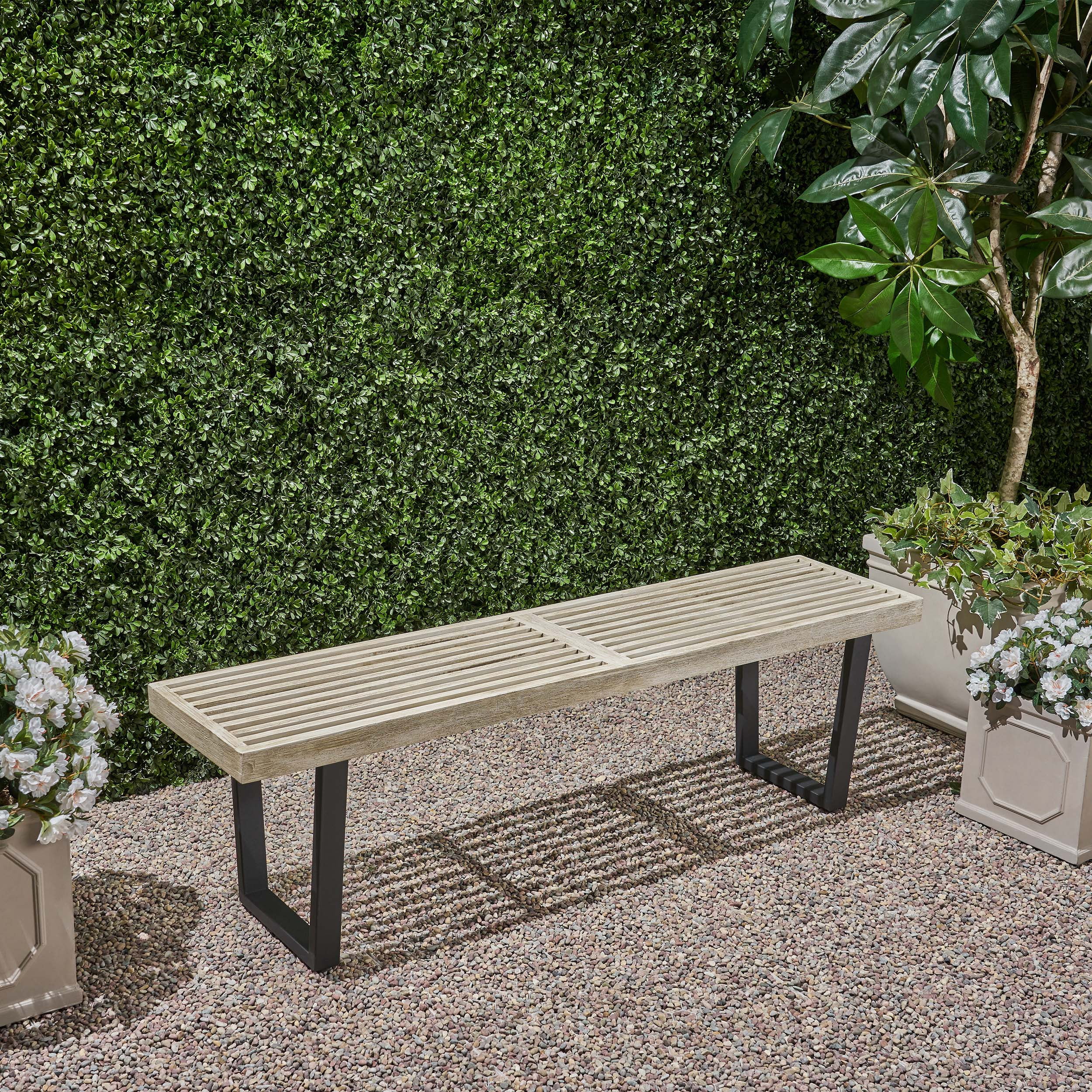 Outdoor Bench with Acacia Wood Seat and Iron Legs, Patio Dining Bench and Garden Seating for 3 People, Light Gray Wash and Black