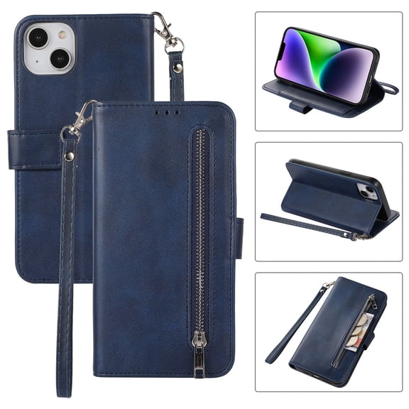 iPhone 14 Plus Magnetic Flip Wallet Case, PU Leather Case with Card Slot Kickstand & Wrist Strap Heavy Duty Full Body Protective Case  14 Plus Women Men, Blue