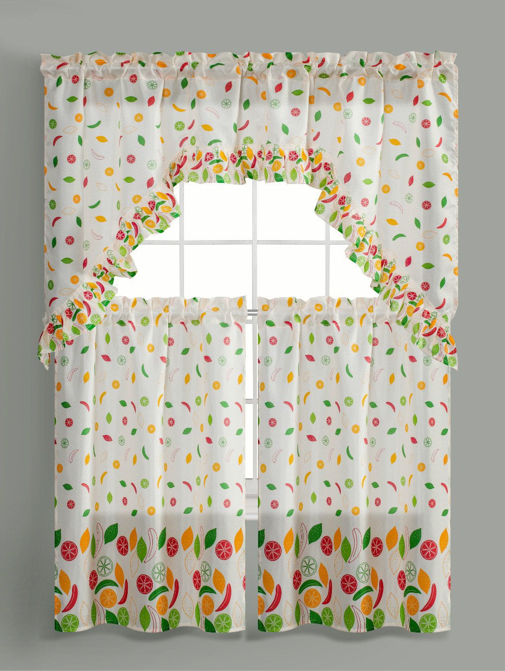 3pc Rod Pocket Multi Color Printed Light Filtering Kitchen Curtain Swag