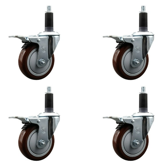 4 Inch Maroon Poly Swivel 1-1/8 Inch Expanding Stem Caster Set Total Lock Brake