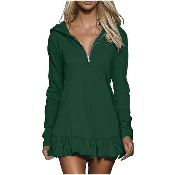 Women's Cute Hoodie Dress with Ruffle Hem Long Sleeve 1/4 Zip Pullover Hooded Sweatshirt A-line Mini Dresses (XL, Green)