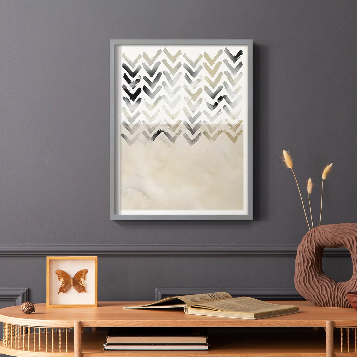 Neutral Chevron in Gray Solid Wood 22 x 28 Framed Print