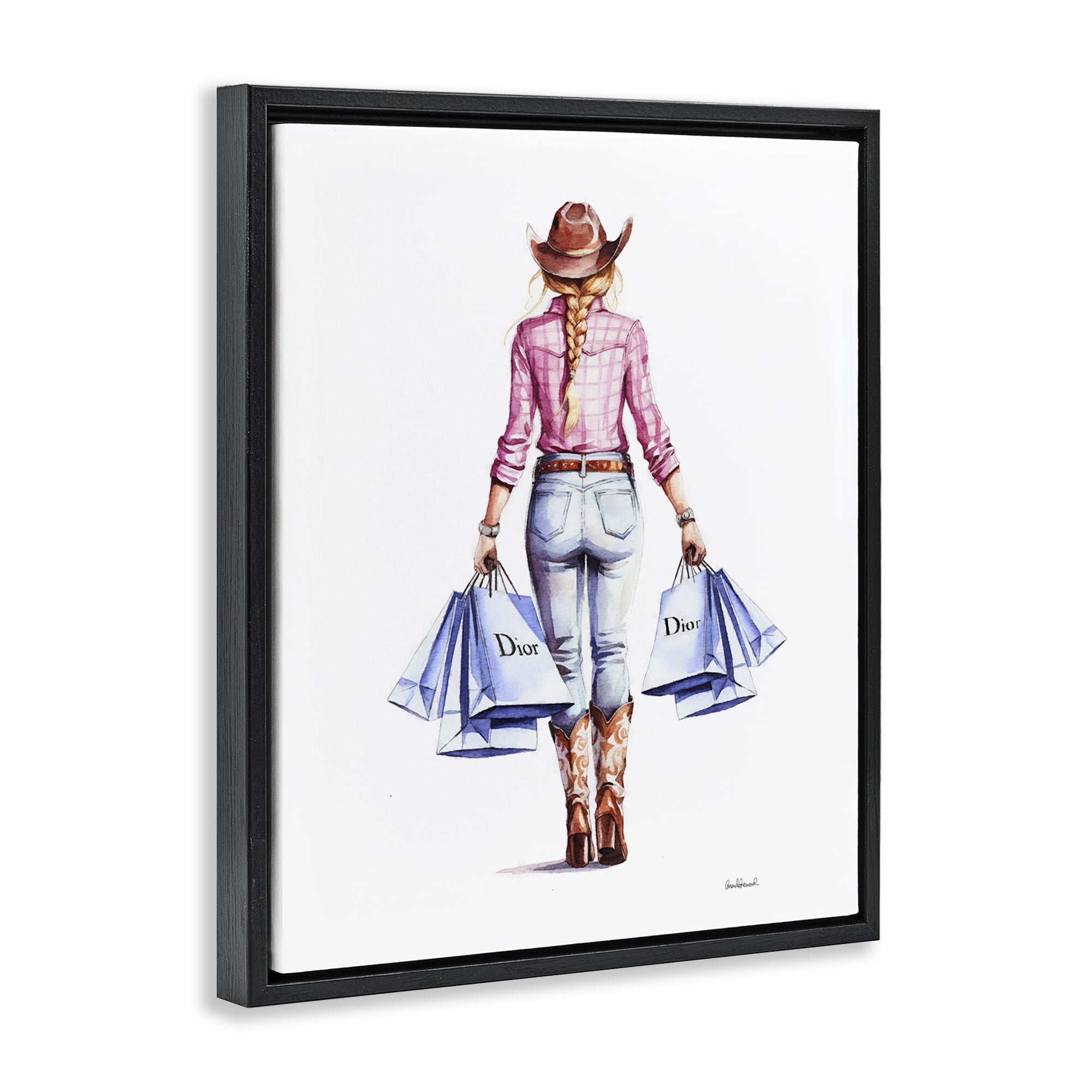 Stupell Industries Glam Cowgirl Pink Plaid People Painting Black Floater Framed Canvas Art Print Wall Art, 25 x 31