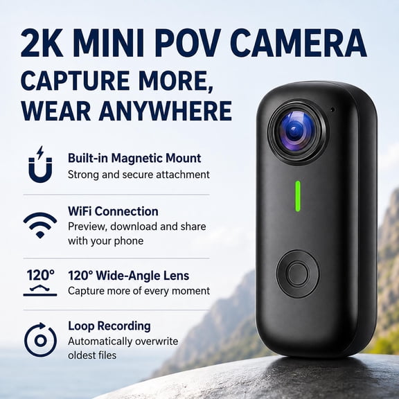 2K Mini Body Camera, WiFi Wearable POV Action Camera with Magnetic Pendant, Bike & Helmet Mounts, Pet Collar Mount