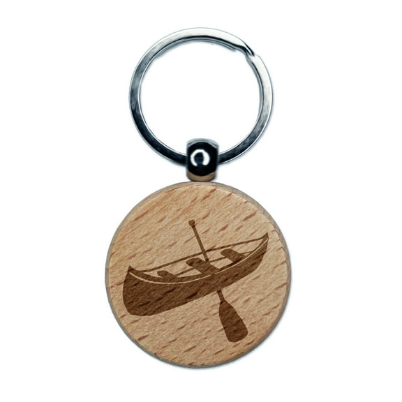 Canoe Water Boat with Paddle Round Keychain Charm Tag - Engraved Wood