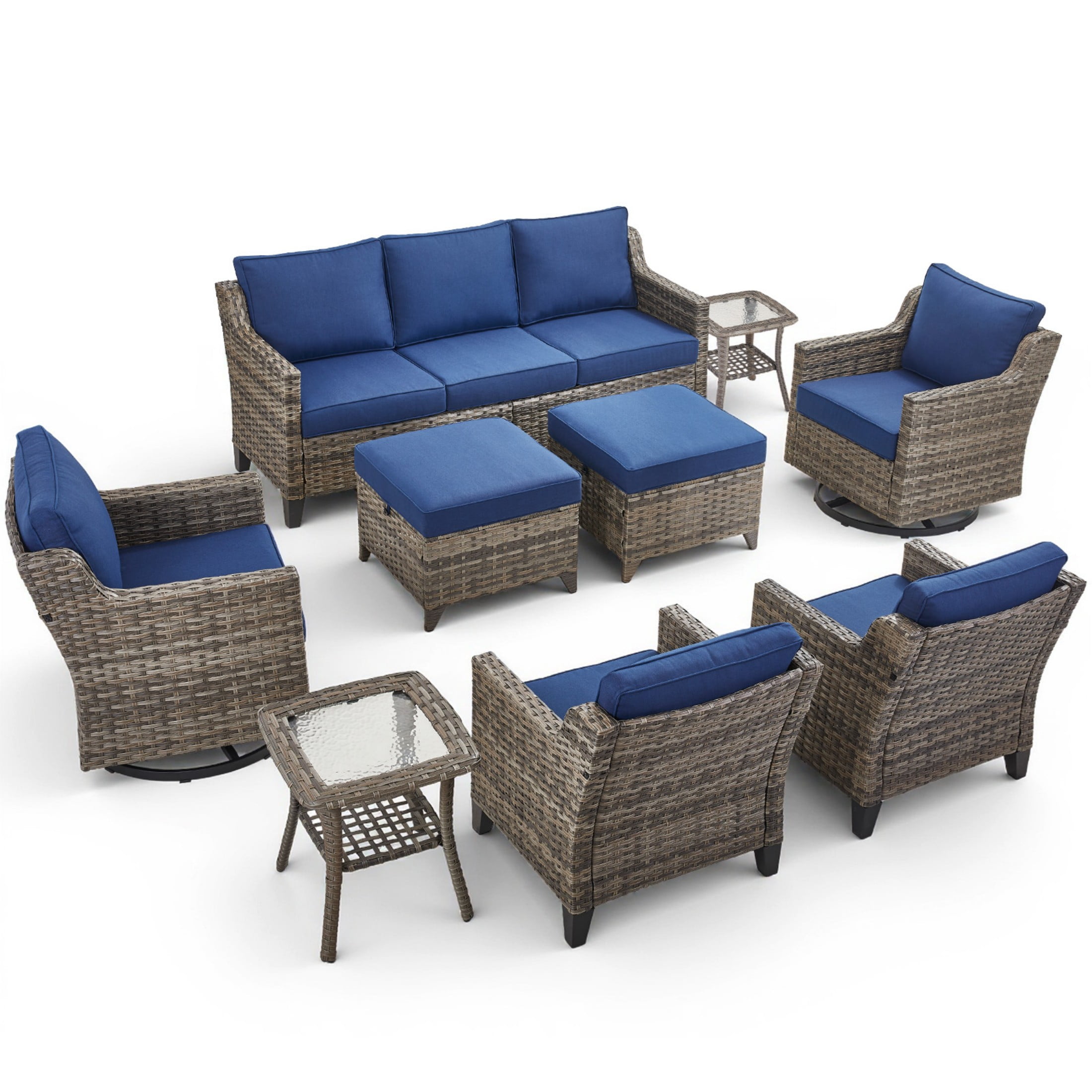 Unnifurnzi Patio Furniture-9 Pieces All Weather Wicker Outdoor Furniture Outdoor Swivel Glider Chairs with Patio Chairs Outdoor Couch Outdoor Patio Furniture for Porch Balcony Deck-Gray/Blue
