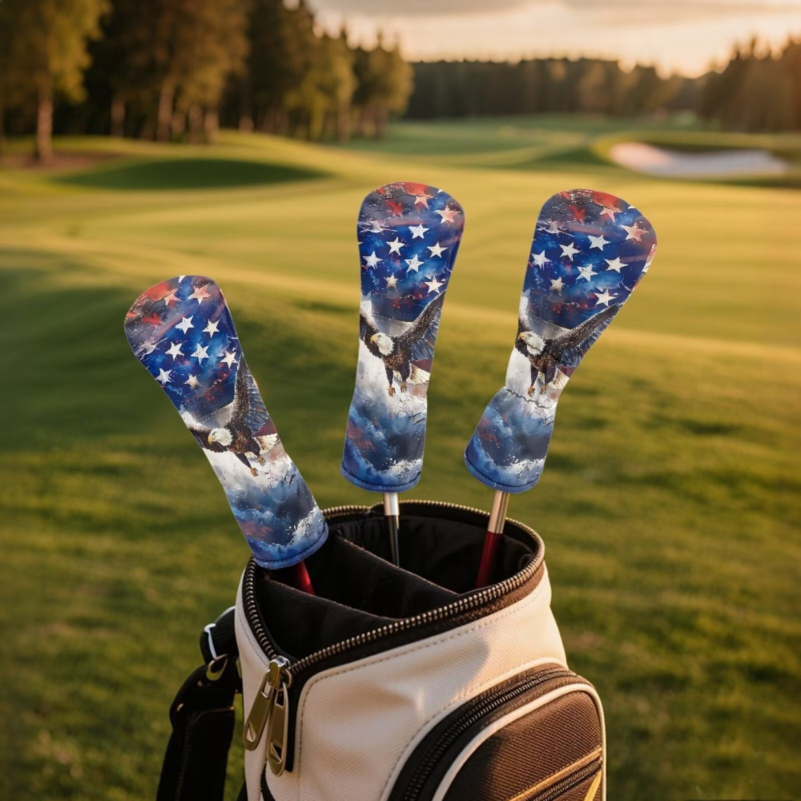 Uorisanigo Golf Club Head Covers, Premium Waterproof PU Leather American Flag Eagle Golf Headcover Set for Woods and Driver Fairway Hybrids Accessories for Women Men, Set of 3