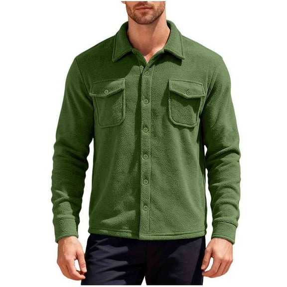 Generic Men's Button Down Polar Fleece Shirt Jacket Casual Long Sleeve Thick Warm Flannel Shirts with Flap Pockets