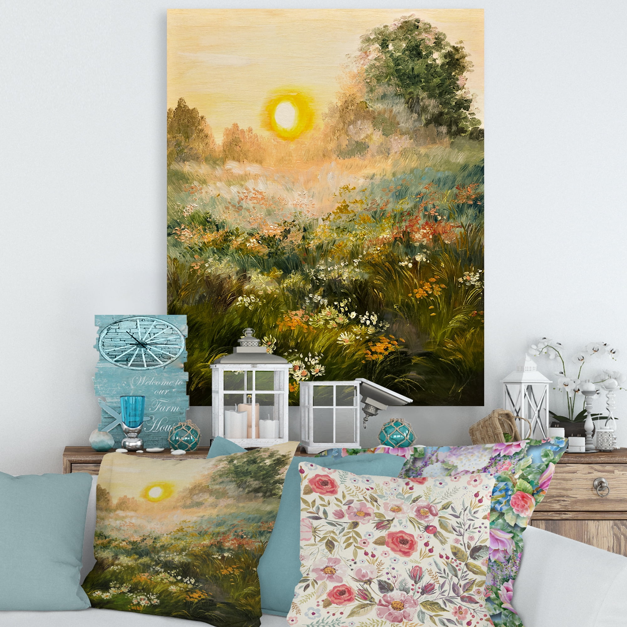 Designart ' The Blossoming Field With Sunrise ' Farmhouse Canvas Wall Art Print