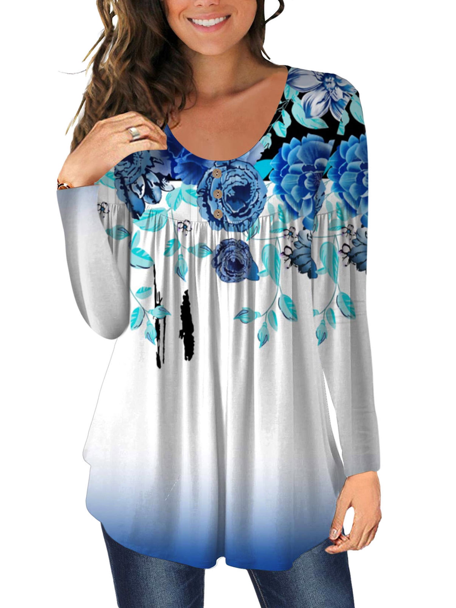 Fall Blouses for Women Pullover Top Butterfly/Flower Print Long Sleeve ...