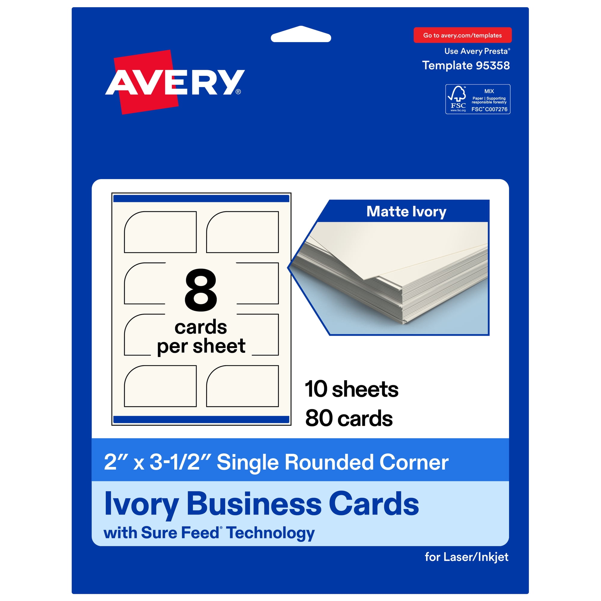 Avery® Rectangle Business Cards, 2" x 3-1/2", Matte Ivory, 80 Total