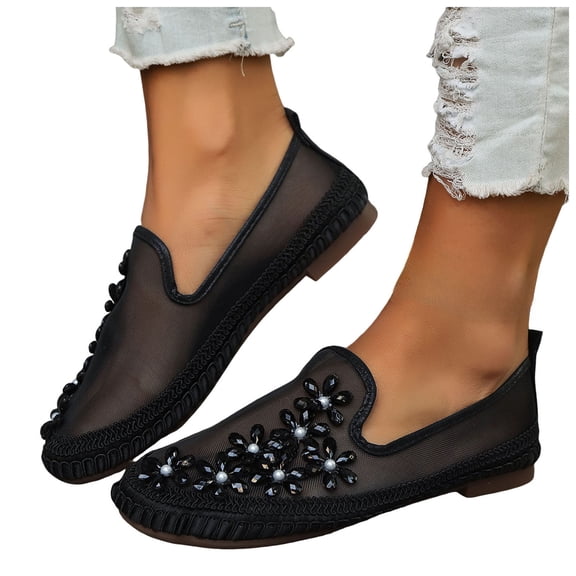 Rokment Sparkling Rhinestones Pearl Flower Mesh Dress Shoes for Women Ladies Elegant Breathable See Through Stitching Low Heels Casual Slip on Loafers Summer Fall Black Size 6