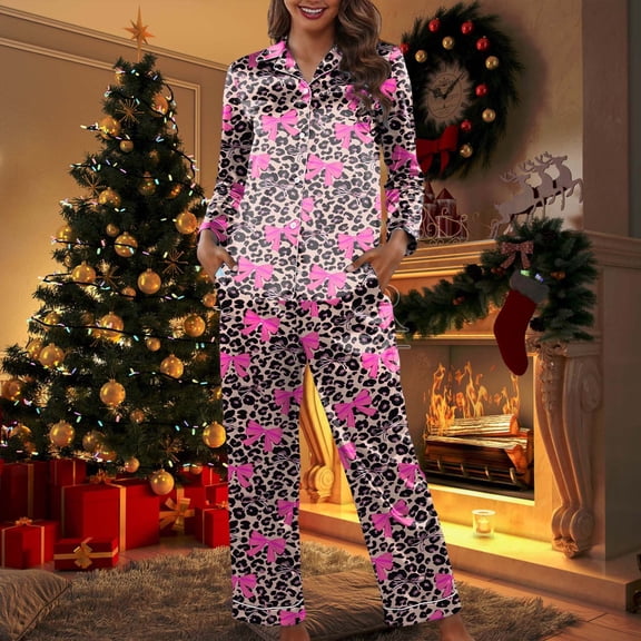 YMNXA Pajamas For Women Set Long Sleeve Lapel Buttons Leopard Bow Print Tops And Pants Comfortable Soft Two Piece Outfit For Daily Wear Hot Pink L