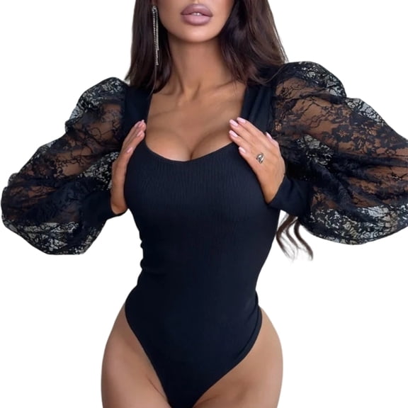 Yopmin Sheer Lace Long Sleeve Bodysuits Women Square Neck Sheer Puff Sleeves Body Suits Shirt Layering Tops for Club