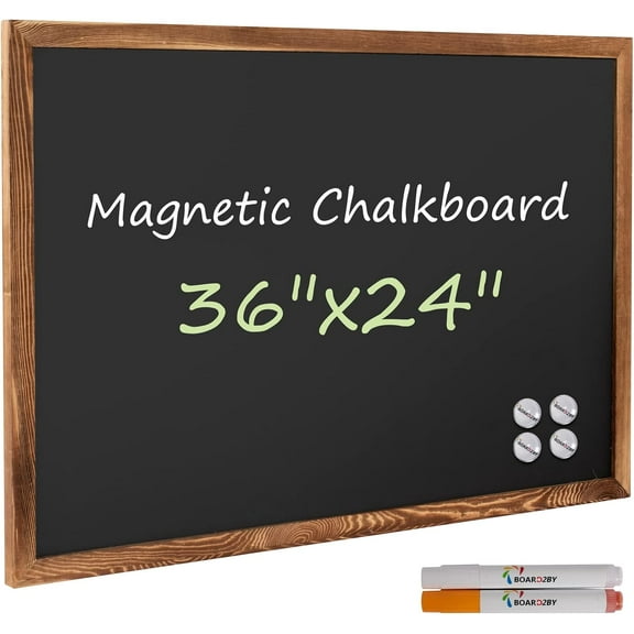 Rustic Wood Framed Magnetic Chalkboard 36 x 24, Large Hanging Chalk Board Sign, Non-Porous Wall Blackboard for Wedding Kitchen Restaurant Menu and Home with 4 Unique Magnets, Brown