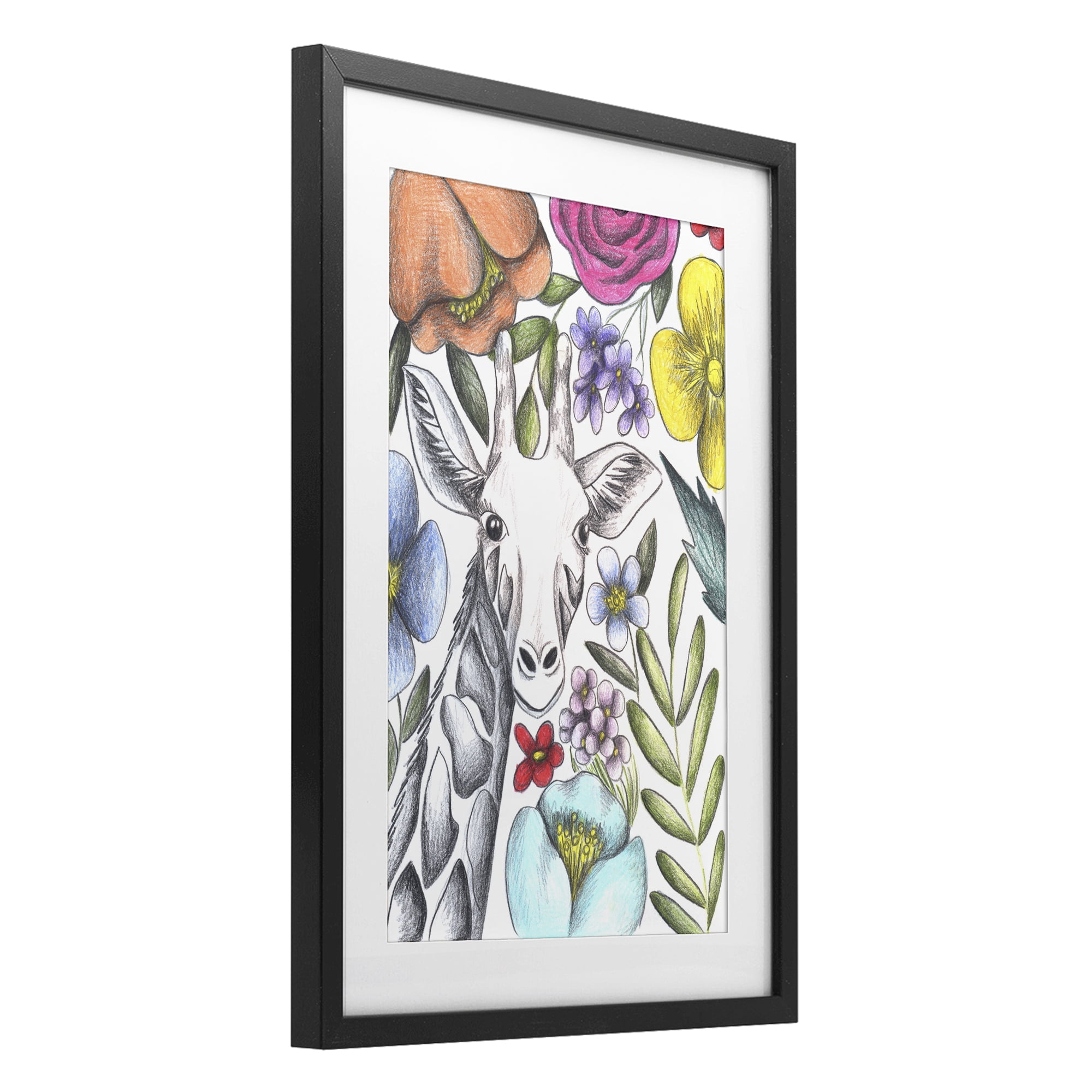Giraffe In The Midst of Flowers Black Framed Print Under Glass, design by Cecilia Battaini