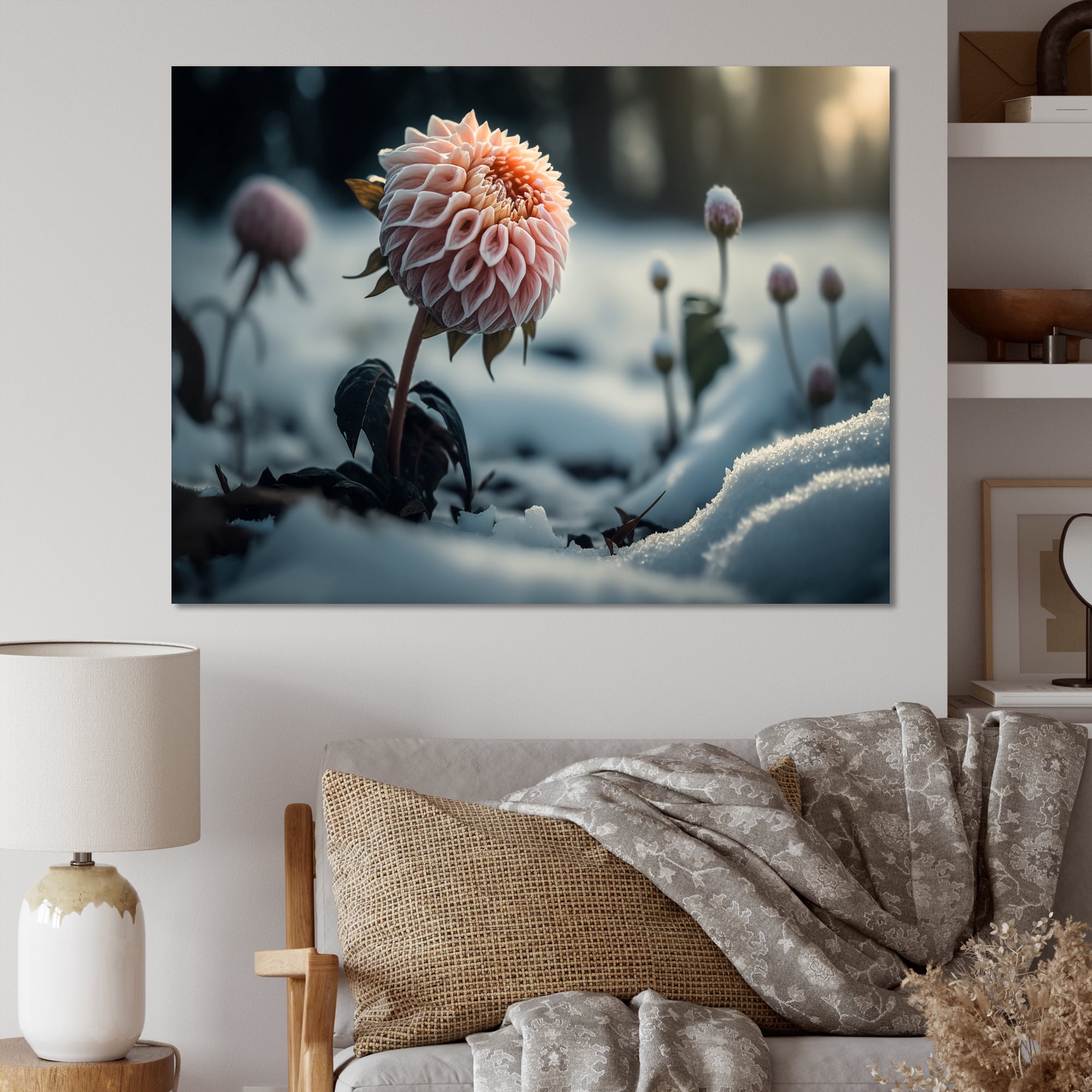Designart A Blooming Pink Dahlia Flower In Winter I Canvas Wall Art