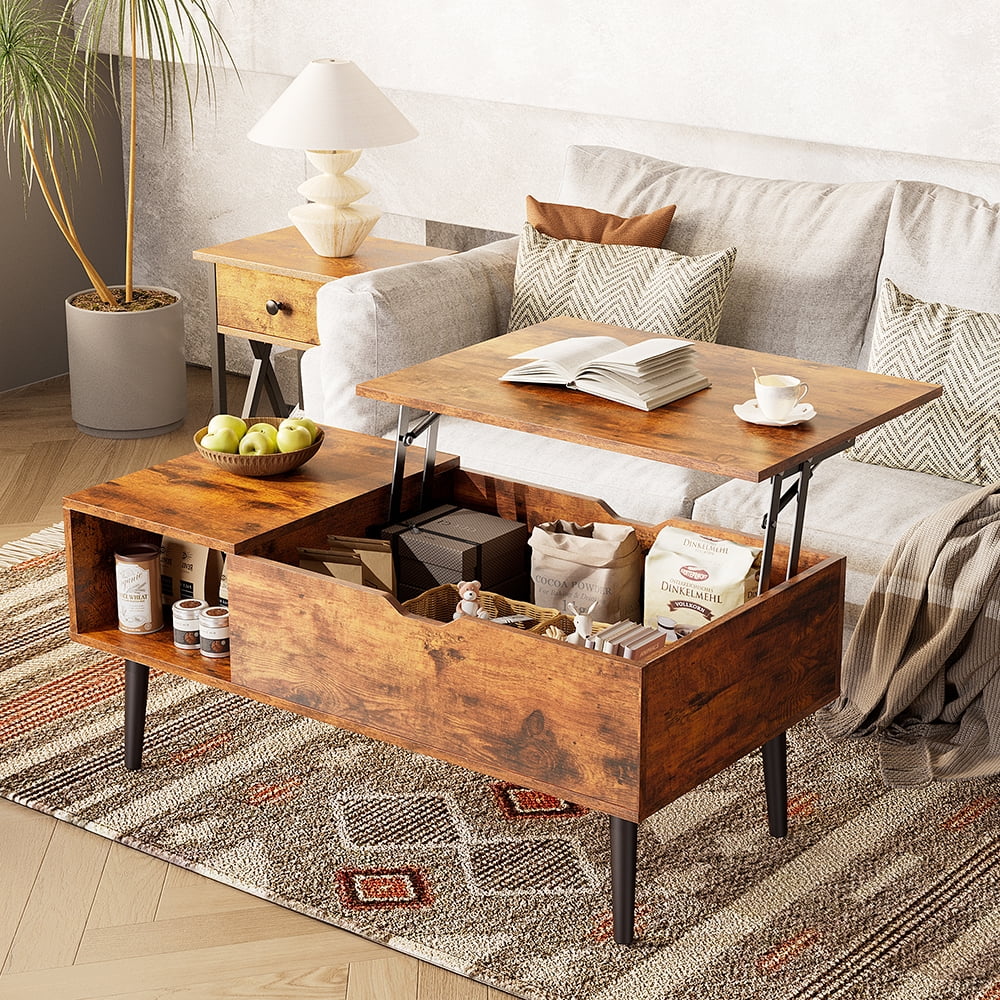 Gianna 39.4"Lx19.6"Wx17.4"H Wood Lift Top Coffee Table with Hidden Compartment and Adjustable Storage Shelf