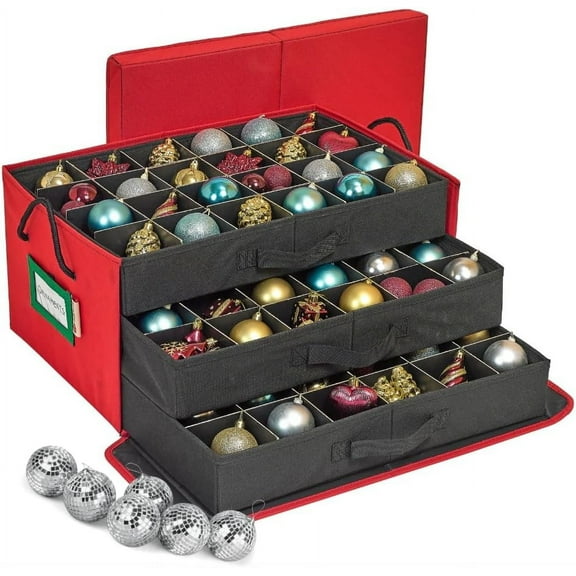 Christmas Ornament Storage Box with Dividers, Holds 72 Ornaments (3 Inch), Large Ball Storage Container with 3 Removable Trays, Durable and Portable - Red，Christmas storage