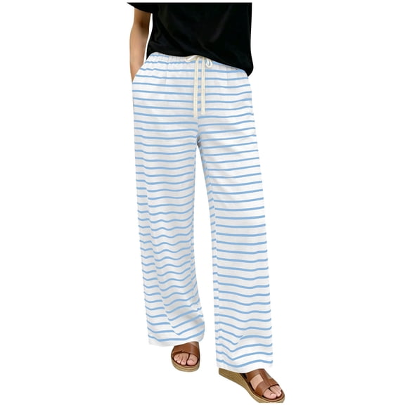 Kvture Women's Striped Wide Leg Yoga Pants High Waist Loose Fit Sweatpants Baggy Drawstring Casual Lounge Flared Joggers Light Blue Pant L