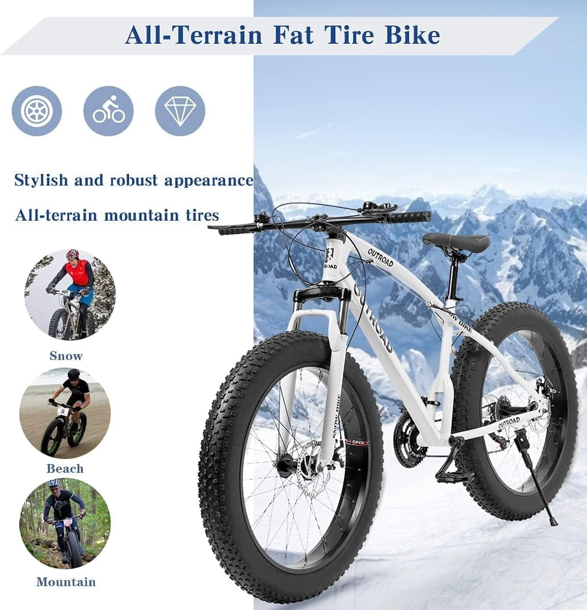 Marknig Fat Tire Mountain Bike with 26 inch Wheels, 21 Speed Bicycle with High Carbon Steel Frame, Double Disc Brake and Front Suspension Anti-Slip for Adult,White