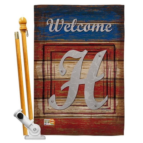 Breeze Decor BD-PA-HS-130112-IP-BO-D-US14-BD 28 x 40 in. Patriotic H Initial Americana Impressions Decorative Vertical Double Sided House Flag Set & Pole Bracket Hardware