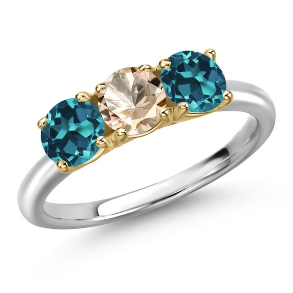 Gem Stone King 10K Two Tone Gold Peach Morganite and London Blue Topaz Engagement Ring for Women | 1.80 Cttw | Round 5MM | Gemstone October Birthstone | Size 5