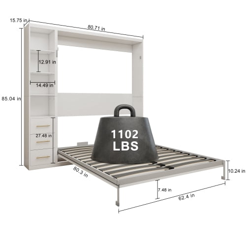 Queen Size Murphy Wall Bed with Single Side Cabinet, Invisible Automatic Bed Frame, Space Saving Home Furniture