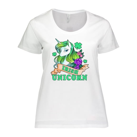 Inktastic St Patricks Day Irish Unicorn Illustration with Shamrocks Women's Plus Size T-Shirt