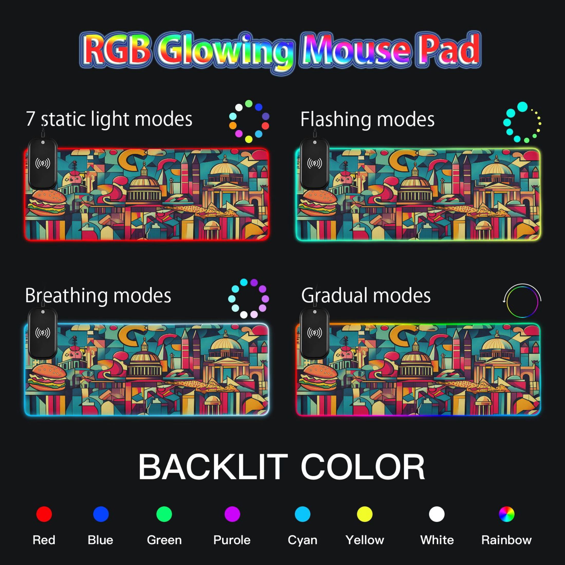 Wireless Charging Mouse Pad Large RGB Gaming Desk Mat 13 Light Modes Mousepad 31.5x11.8 Abstract Skyline