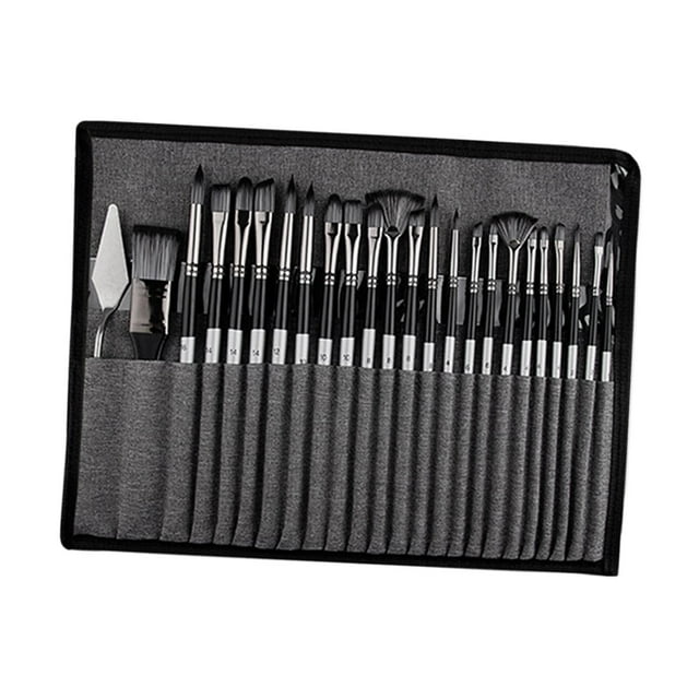 Juego de 25 pinceles para pintar con mango de madera, profesionales, suaves y de dibujo. Gris-plata