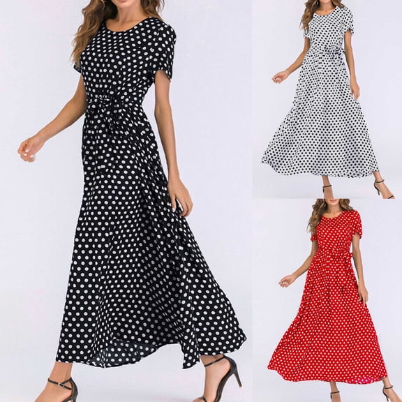 FRSASU Dress for Women Boho Summer Polka Dot Print Casual Short Sleeve Long Dresses Flowy Swing Beach Sundress White