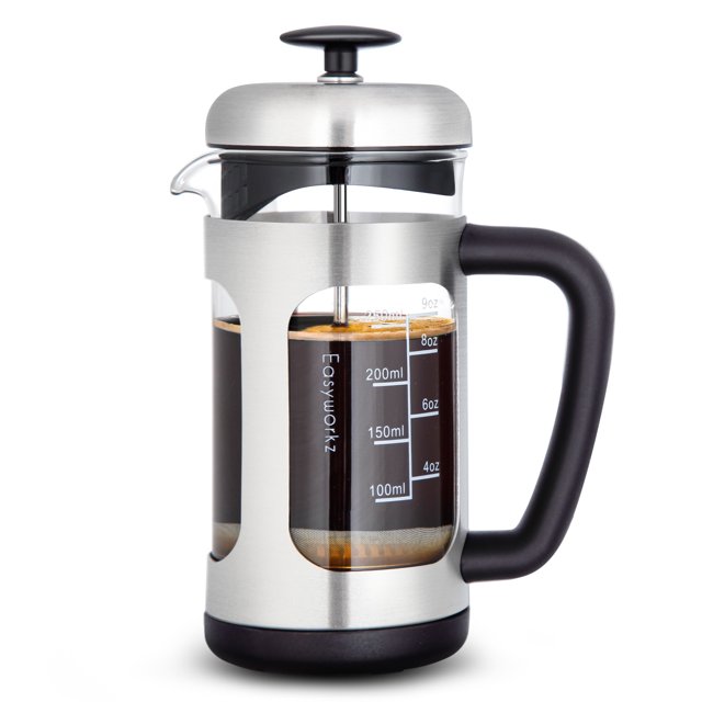 Easyworkz Cafetière à Piston en Acier Inoxydable 12 oz avec Verre Borosilicate, Poignée Douce