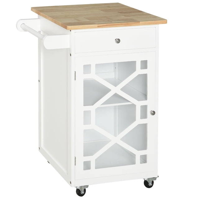White Kitchen Cart on Wheels with Drawer & Glass Door - Rolling Island, Adjustable Shelf, Towel Rack - Ideal for Kitchen, Dining & Living Room Storage