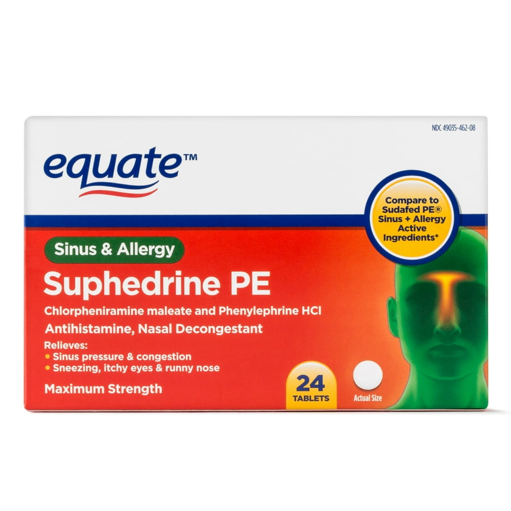 Equate Sinus & Allergy Suphedrine PE Nasal Decongestant Tablets, 24