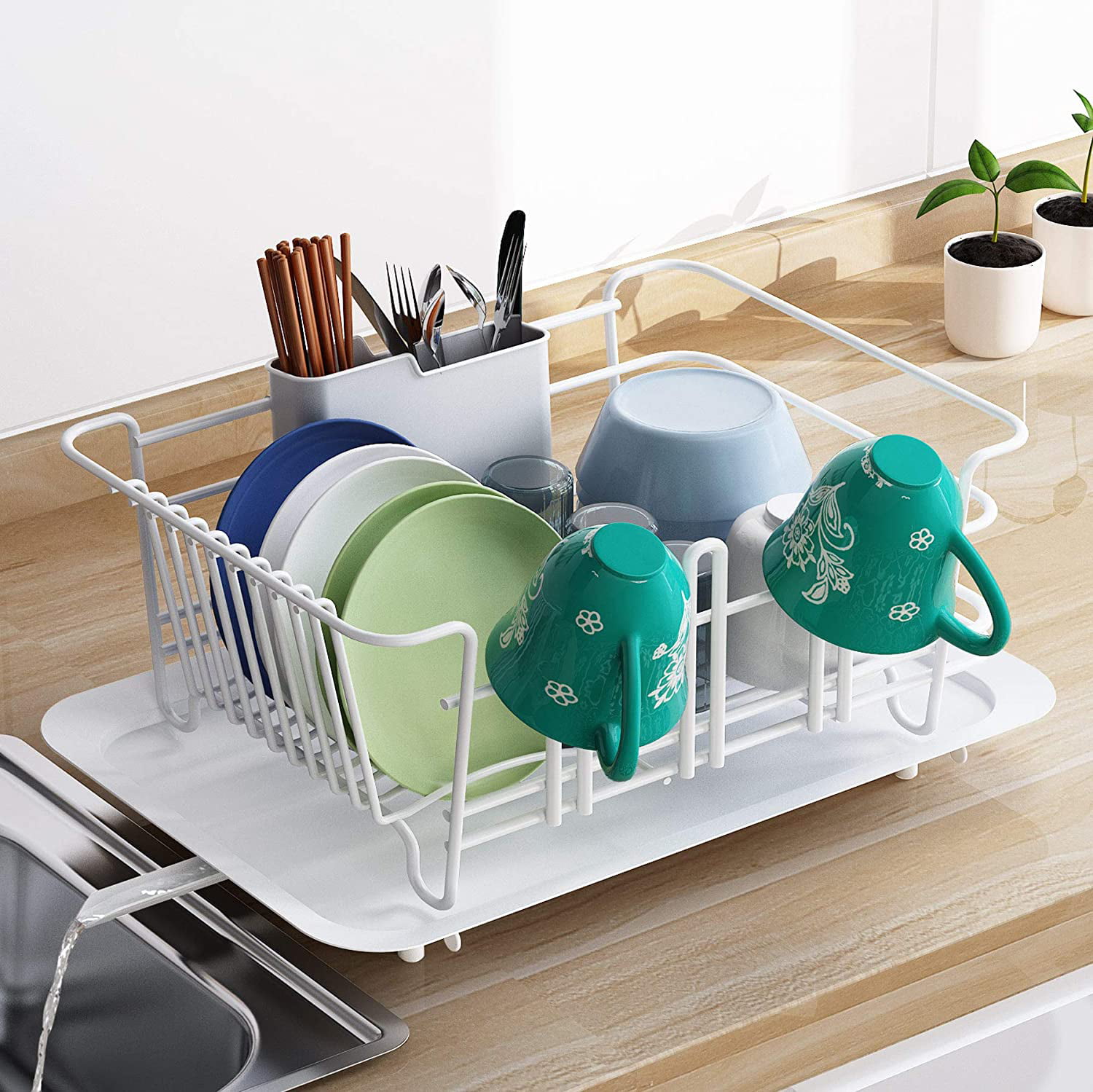 Lime Green Plastic Dish Drainer Removable Tray For Kitchen 