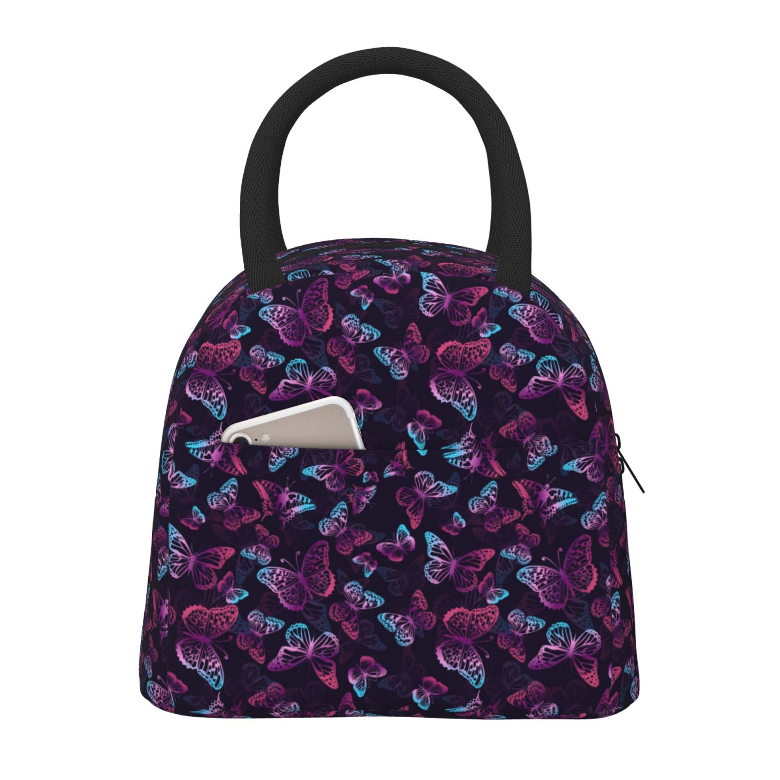 Horeoi Purple Butterfly Pattern Large Insulated Lunch Bag for Work, School, Picnic - Waterproof, Durable Oxford Cloth, Comfortable Handle-Black