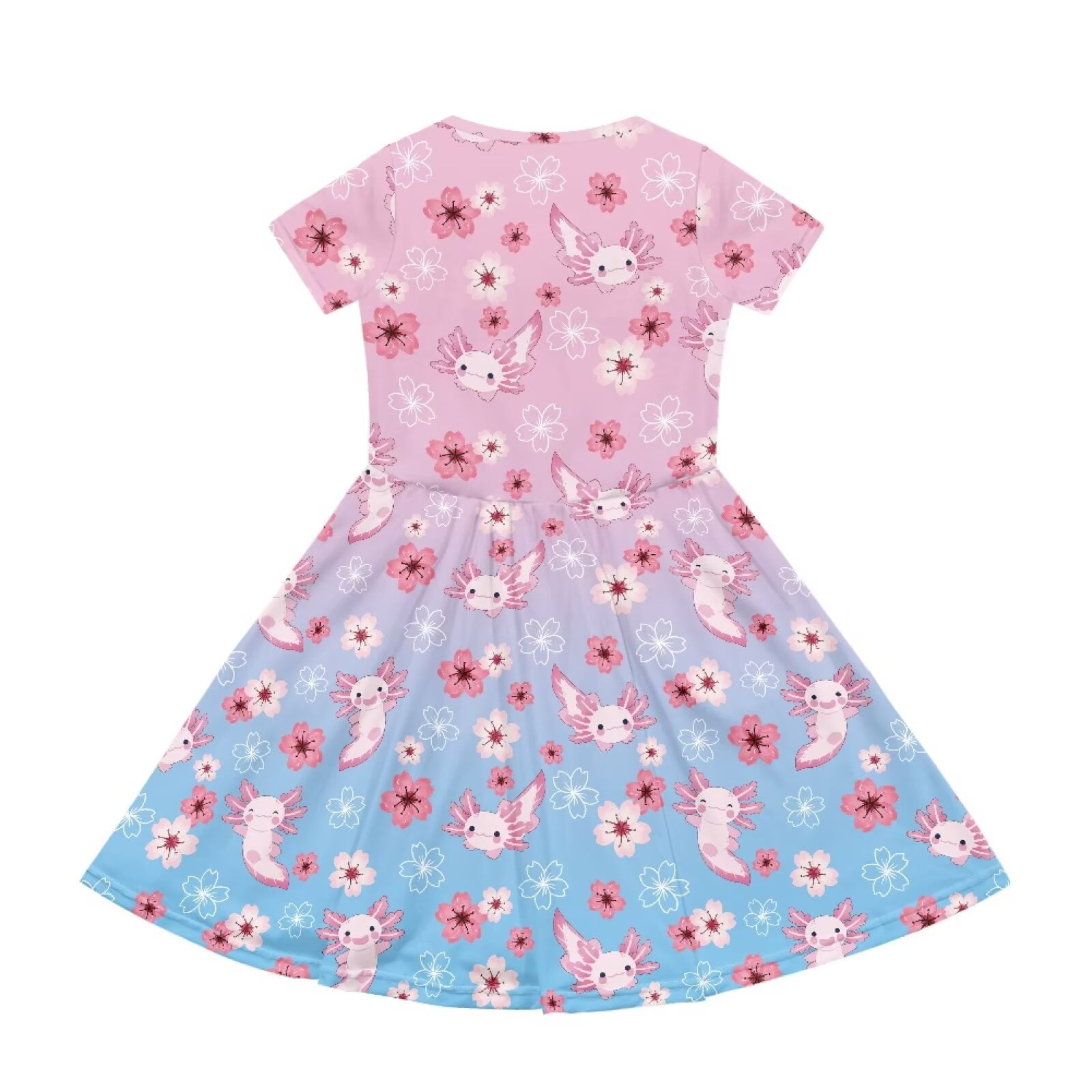 Uourmeti Axolotl Kids Twirly Swing Dress for Girls Cute Short Sleeve Skater Dresses Summer Soft Crew Neck Knee Length A-Line Dress with Pockets for Casual School
