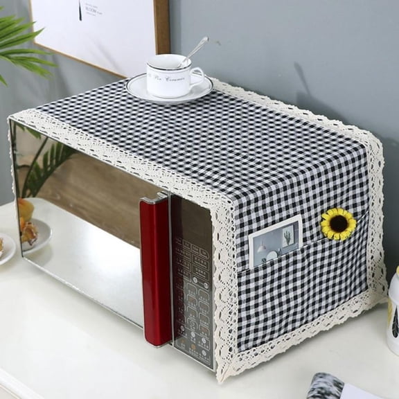 Vensio-Anti-Slip Microwave Oven Dust Cover with Pockets - Premium Cotton Linen Appliance Protector Blanket for Kitchen Storage, Oil & Grease Proof, 14x39 Inch-a-