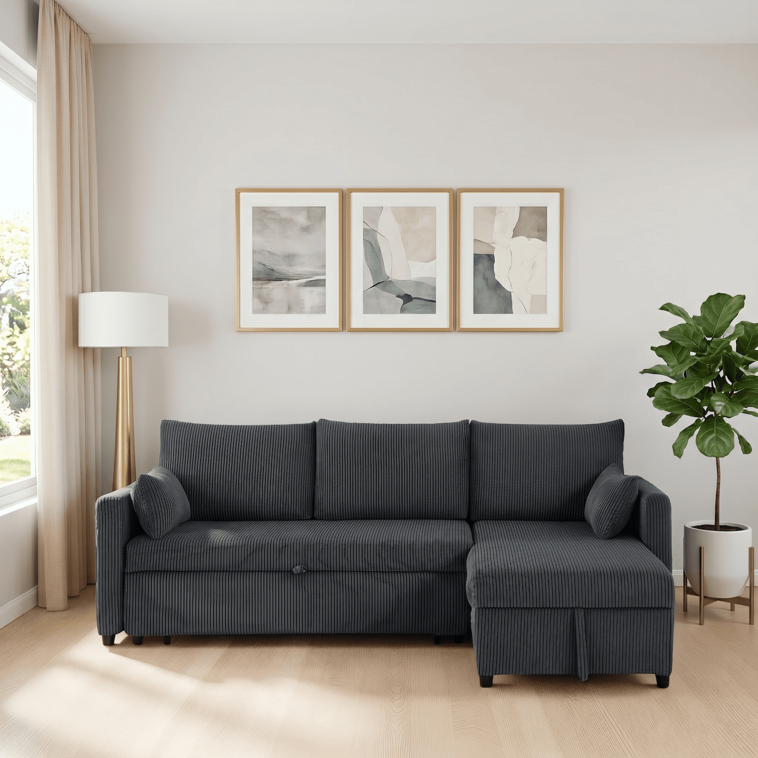 Xiweot 85" Sectional Sleeper Sofa Bed, L Shaped Couch with Pull Out Bed & Storage Chaise, Corduroy 3 Seat Sectional Couch for Living Room Apartment Small Space (Black)
