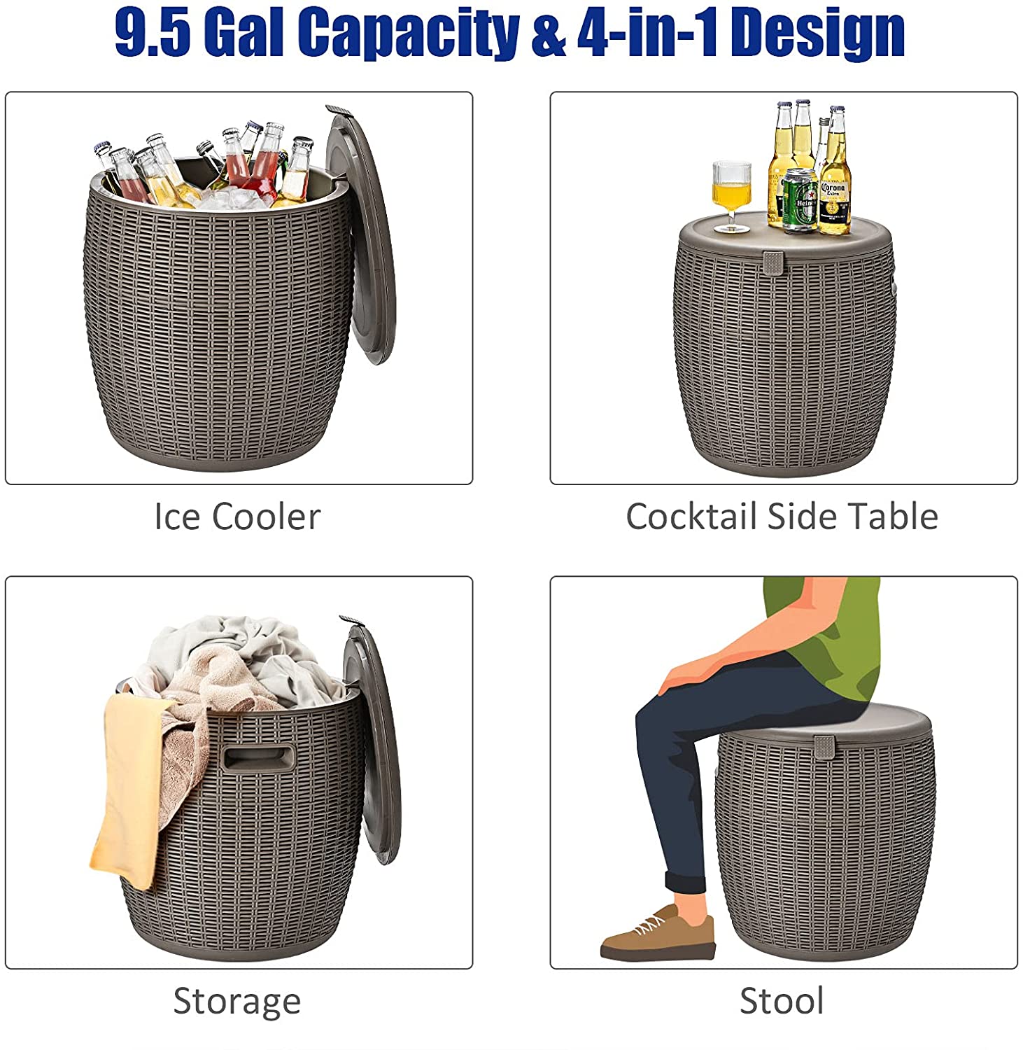 FASCK 9.5 Gallon Ice Cooler, Wicker Round Ice Chest, Outdoor Beer Wine Ice Bucket, Top Lid Side Handles Drainage Plug, Weather-resistant Patio Cool Bar Table for Cocktail Party Poolside Deck